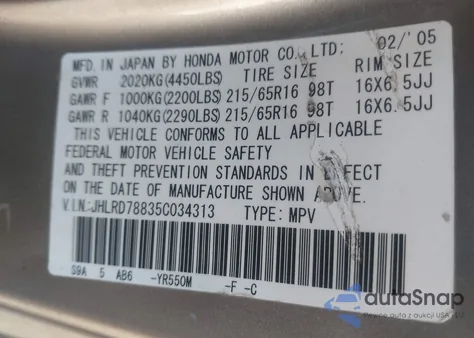 2005 Honda Cr-V Ex from USA, damaged, VIN JHLRD78835C034313